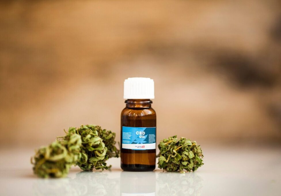 CBD oil bottle with cannabis buds.