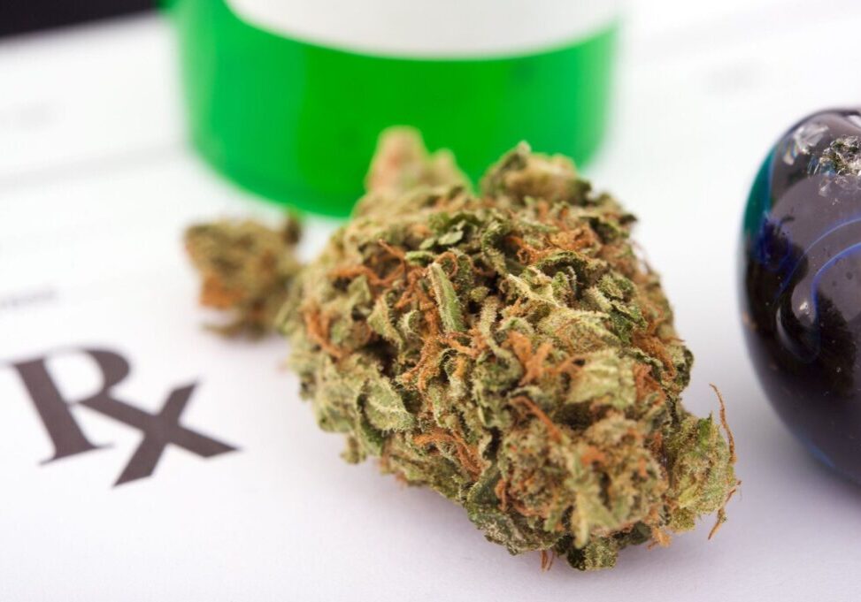 Cannabis bud on prescription paper and container.